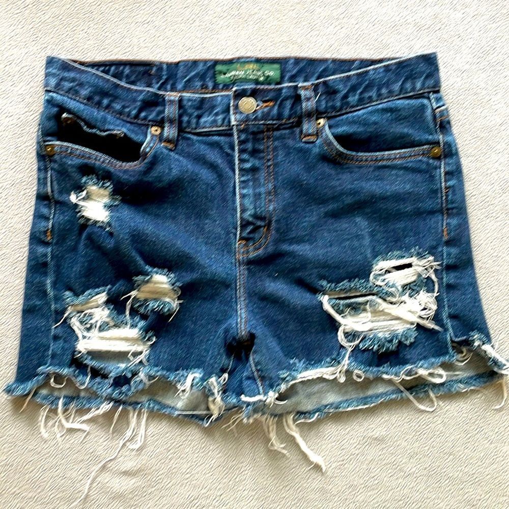 Ralph Lauren LRL Ripped Jean Shorts 5 pocket Dark Wash Destroyed Womens Size 6